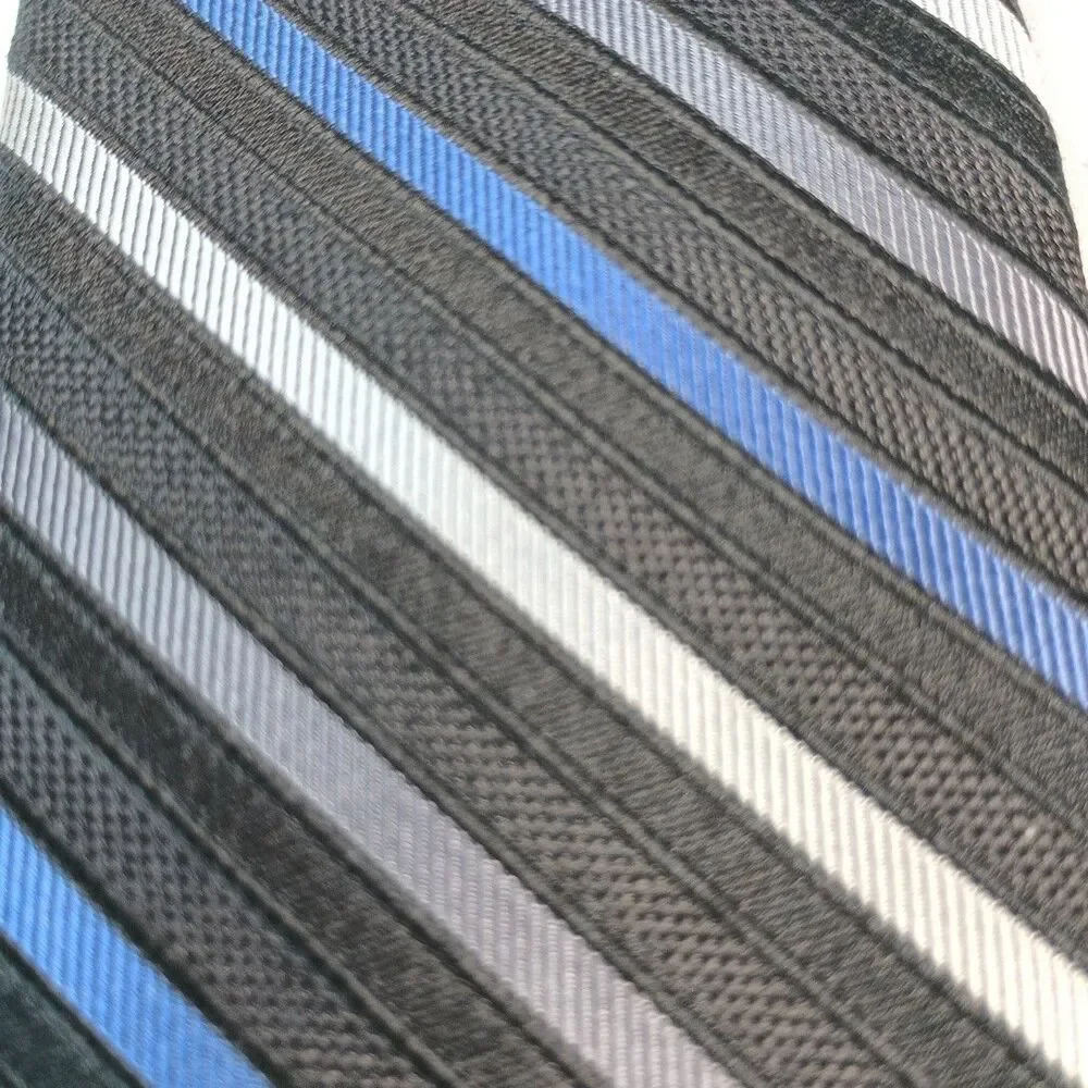 Calvin Klein REPP Stripe Tie Black Blue‎ Silver 100% Silk Men's Neck Tie 54